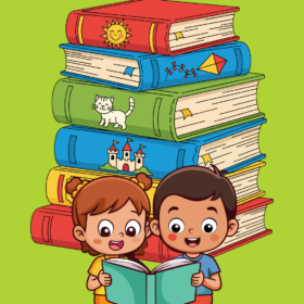 A brightly coloured illustration of two children reading a blue book together. They stand in front of a pile of six larger books.