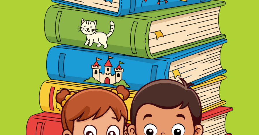 A brightly coloured illustration of two children reading a blue book together. They stand in front of a pile of six larger books.