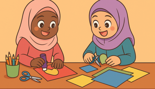 Cartoon image of two young girls wearing hijab doing crafts together.