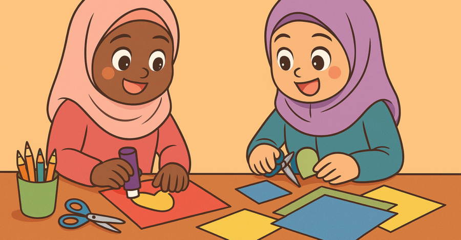 Cartoon image of two young girls wearing hijab doing crafts together.