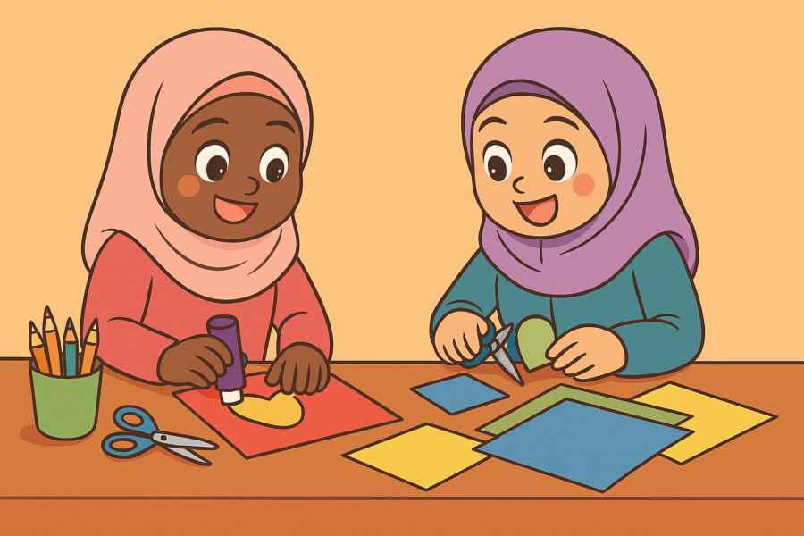 Cartoon image of two young girls wearing hijab doing crafts together.