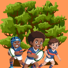 An illustration of three children playing rugby. There are some trees behind them.