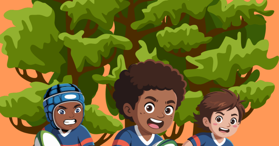An illustration of three children playing rugby. There are some trees behind them.