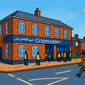 A drawing of Salahadeen Al-Ayubi Mosque, which is a red-brick two-storey building on a main road.