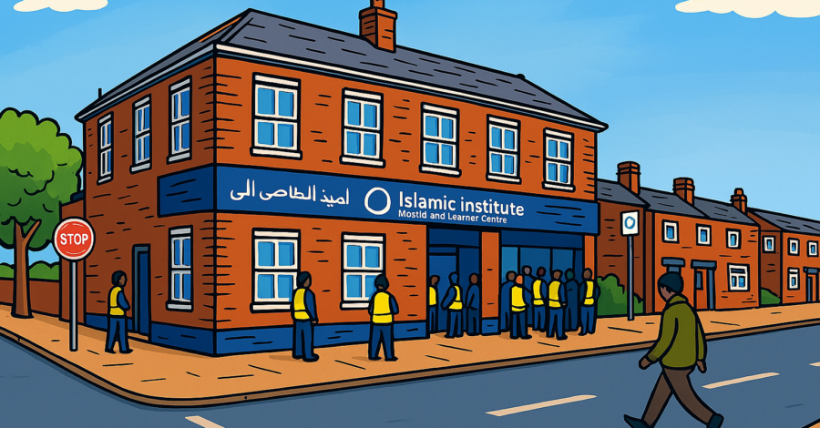 A drawing of Salahadeen Al-Ayubi Mosque, which is a red-brick two-storey building on a main road.