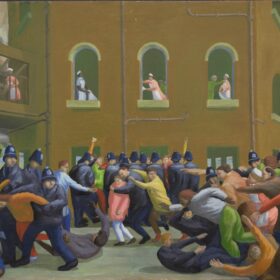 Taking Scabs To Work, Barking Hospital. Framed painting by S. Rushton that shows a groups of people fighting with oneanother and a row of police watching on.