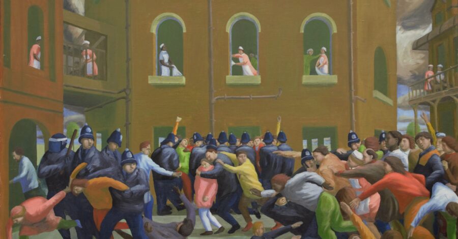 Taking Scabs To Work, Barking Hospital. Framed painting by S. Rushton that shows a groups of people fighting with oneanother and a row of police watching on.