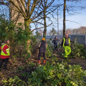 A group of people litter picking in Heaton Park on a sunny, dry day.