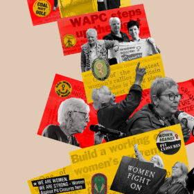 The promotional leaflet for the film, Iron Ladies. It is printed in orange, yellow and black and white and it shows photographs of some of the women who were part of the communities involved in the strikes.