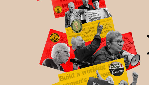 The promotional leaflet for the film, Iron Ladies. It is printed in orange, yellow and black and white and it shows photographs of some of the women who were part of the communities involved in the strikes.