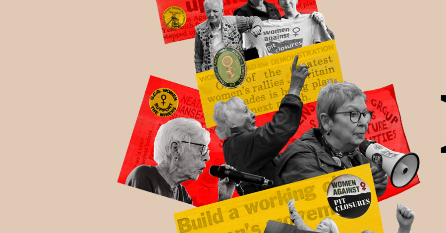 The promotional leaflet for the film, Iron Ladies. It is printed in orange, yellow and black and white and it shows photographs of some of the women who were part of the communities involved in the strikes.