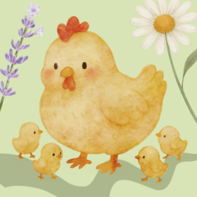 Illustration of a chicken surrounded by chicks and flowers