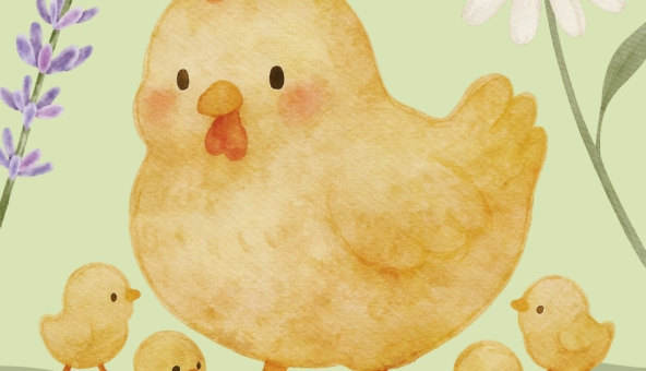 Illustration of a chicken surrounded by chicks and flowers