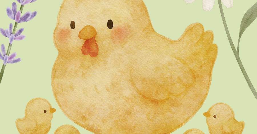 Illustration of a chicken surrounded by chicks and flowers