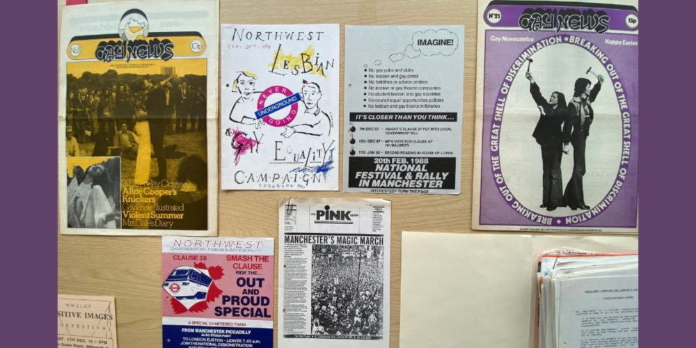 A selection of archive material from PHM's LGBTQIA+ collection, including leaflets and posters.