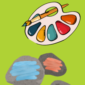 An illustration of a painters palette and three pebbles on a green background.