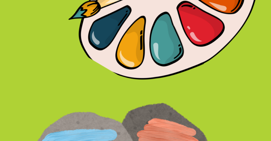 An illustration of a painters palette and three pebbles on a green background.