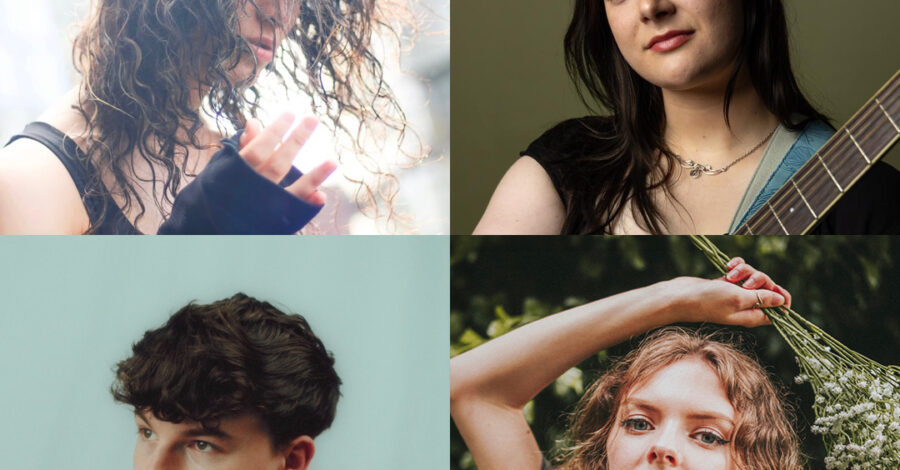 Four artist headshots. The top left corner shows a person with dark wavy hair wearing a black fingerless glove. The top right corner shows a person smiling with long dark straught hair. The bottom left image shows somebody with short dark wavy hair wearing an orange t-shirt and the bottom right picture shows somebdy with blond wavy hair wearing a grey t-shirt.