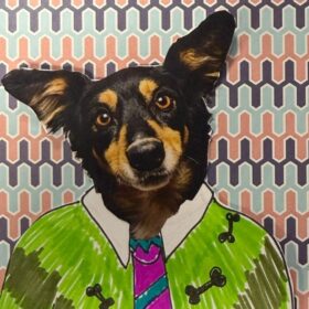 A head and shoulders illustration of a black and brown dog wearing a white shirt, purple tie and green jumper.