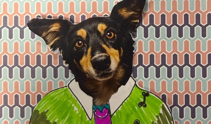 A head and shoulders illustration of a black and brown dog wearing a white shirt, purple tie and green jumper.