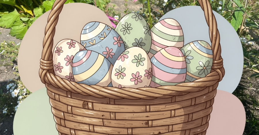 An illustration of a brown woven basket filled with Easter eggs. The eggs are decorated with different patterns in pastel shades of pink, blue, yellow and green.