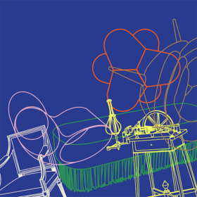 A digital illustration of objects like a table, chair and rug in a room. The background of the illustration is blue and each object is a different colour like red, white, yellow or green.