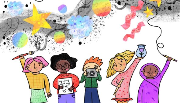 An illustration of fives different people with stars, party poppers and fireworks above them.
