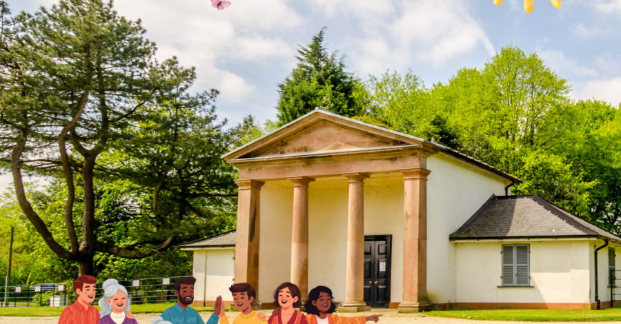Photo of Heaton Park's Dower House with a cartoon of a family of all ages eating a picnic in front of it. There are cartoon flowers, and birds and butterflies in the sky.