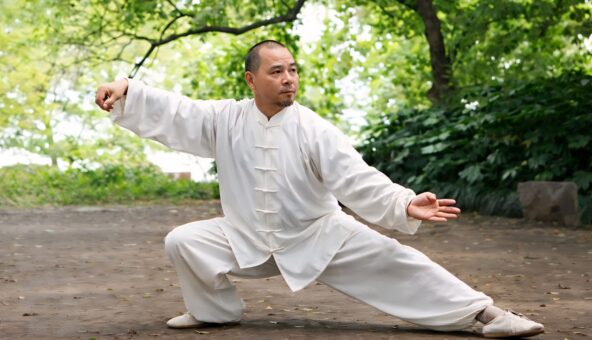 Man performing tai chi outside, in a white, traditional Chinese suit.