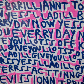 Barry Finan's art work, YESS LLAD ILL BE BRRILLIANNT TO YOU , made up of lines of writing in blue and pink on a white background.