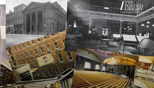 A set of clippings of images of the Portico Library through the years. The clippings overlap and show the structure of the building.