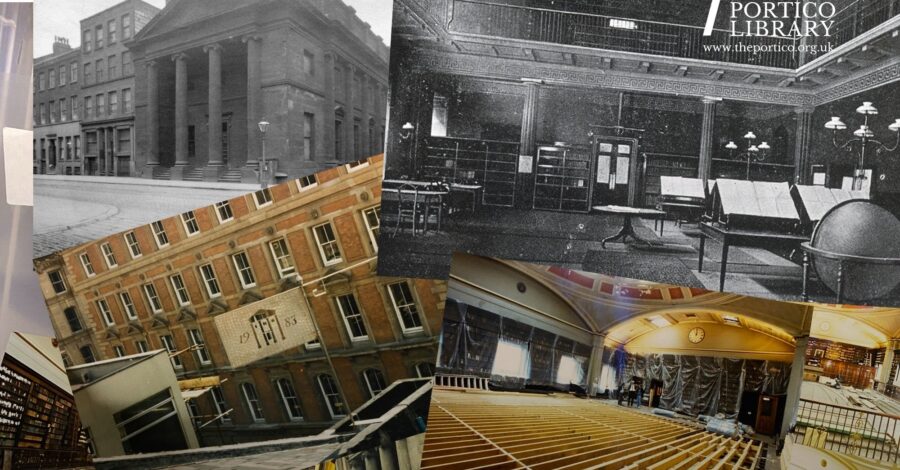 A set of clippings of images of the Portico Library through the years. The clippings overlap and show the structure of the building.