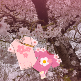 A tree filled with pink blossom and two t-shirts decorated with flowers.