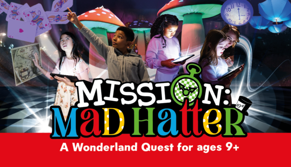 A promotional graphic for "Mission: Mad Hatter: A Wonderland Quest for ages 9+." The top half shows a collage of children interacting with tablets and Wonderland-themed elements like giant mushrooms, floating playing cards, and a large clock. The bottom half features the bold, colorful title text over a red background.