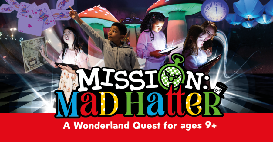 A promotional graphic for "Mission: Mad Hatter: A Wonderland Quest for ages 9+." The top half shows a collage of children interacting with tablets and Wonderland-themed elements like giant mushrooms, floating playing cards, and a large clock. The bottom half features the bold, colorful title text over a red background.
