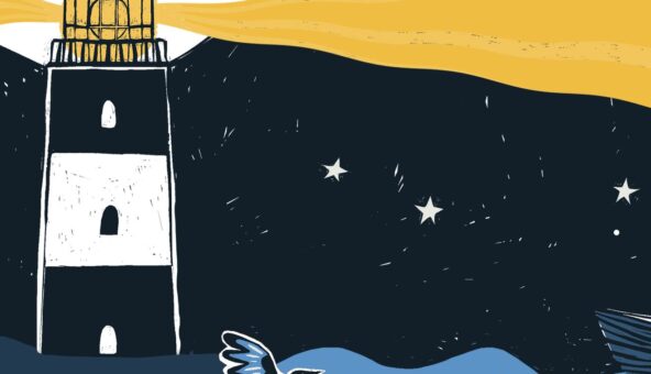 An illustration of a lighthouse. The lighthouse is black and white with a strong yellow light coming out of it in the shape of a triangle. The sea below is blue and we can see the outline of birds, coloured in black, below too.