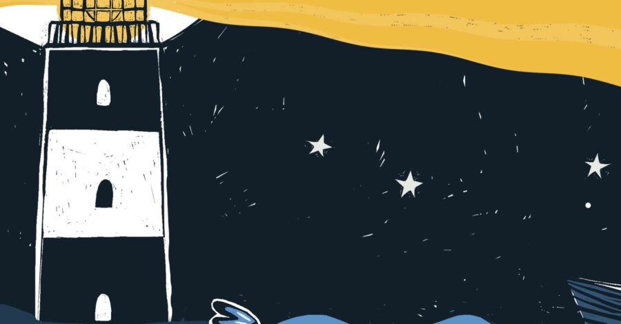 An illustration of a lighthouse. The lighthouse is black and white with a strong yellow light coming out of it in the shape of a triangle. The sea below is blue and we can see the outline of birds, coloured in black, below too.