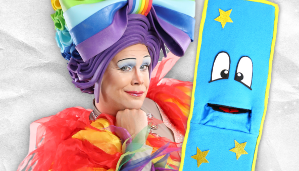 A woman dressed in a rainbow coloured dress with rainbow coloured hair and a huge rainbow coloured bow on the top of her head. She smiles and has her fist underneath her chin. There is an illustation of a big blue bookmark with a face on it next to her.
