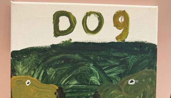 A painting where the bottom half of the work is painted green and the top half of the work reads 'Dog' in green paint.