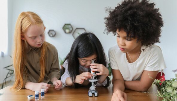 A little girls looks through a microscope while two other girls look on.