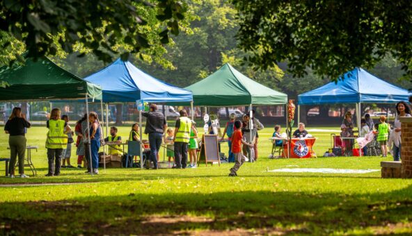A row of different coloured gazebos in a park and there are people standing around them.