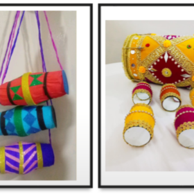 Two images side by side of handcrafted Dholak drums in bright colours like yellow, red, blue and purple.