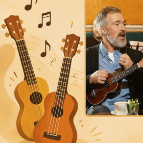 Cartoon image of ukeleles with photo of person playing ukelele