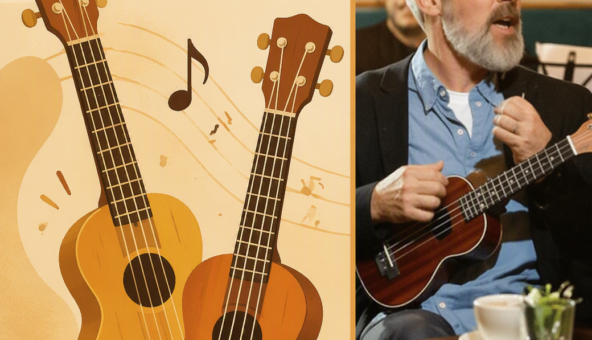 Cartoon image of ukeleles with photo of person playing ukelele