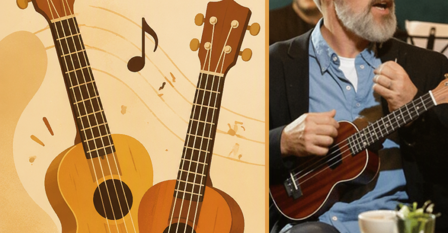 Cartoon image of ukeleles with photo of person playing ukelele