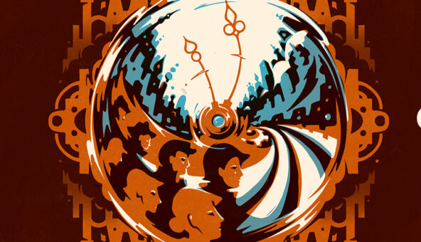 A graphic illustration of a clockface, with silhouettes of buildings around it and profiles of faces in the bottom right hand corner.