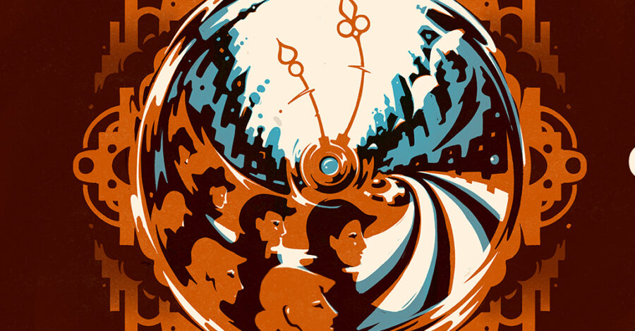 A graphic illustration of a clockface, with silhouettes of buildings around it and profiles of faces in the bottom right hand corner.