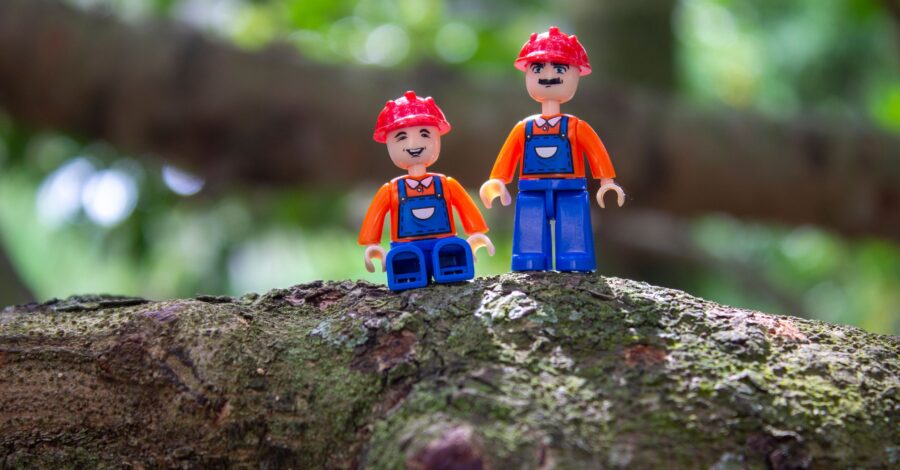 Two Lego figures stood on a tree branch.